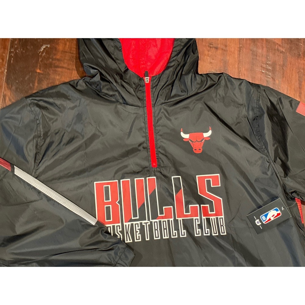 NBA Chicago Bulls Hooded Windbreaker Men 2XL Black Red Quarter Zip Jacket